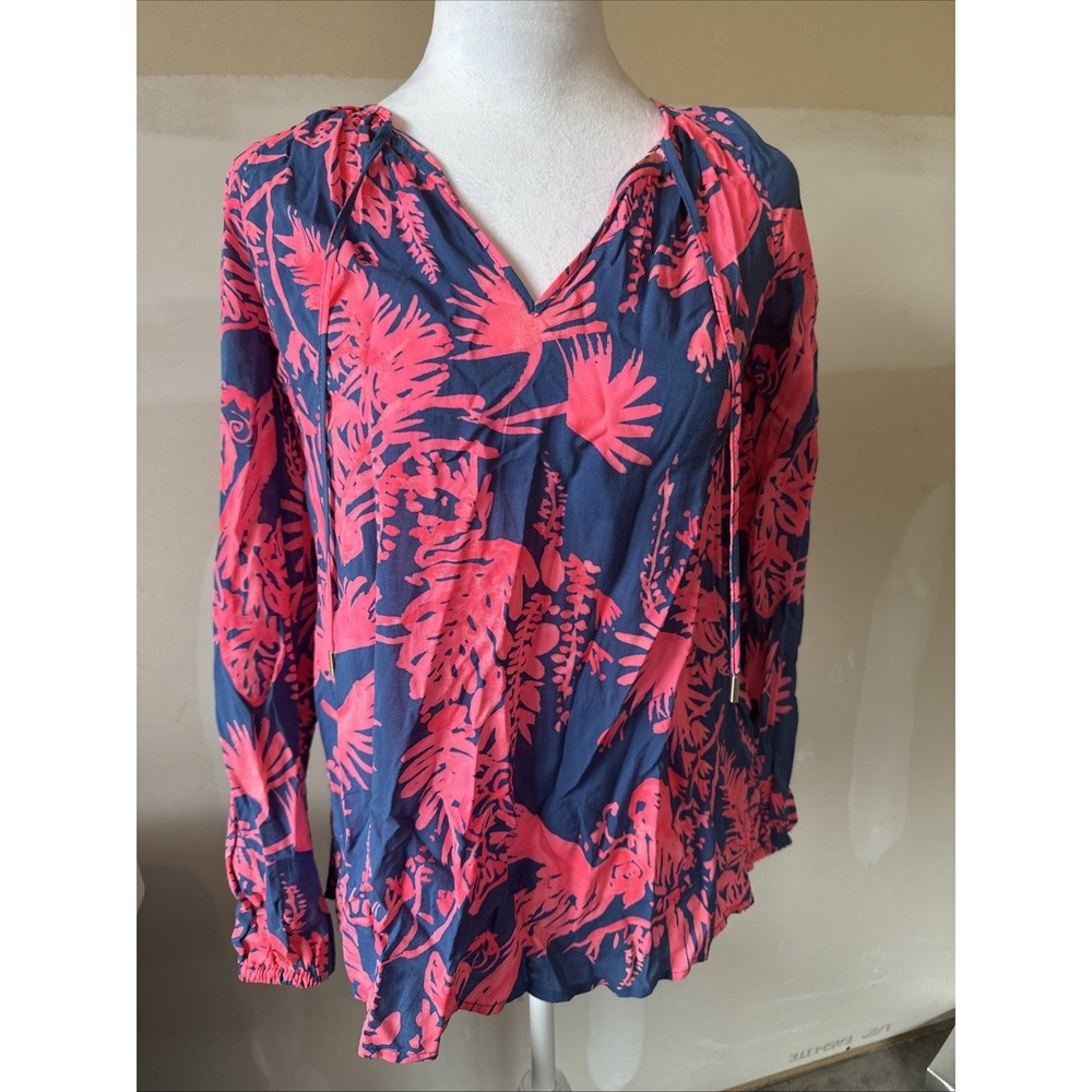 Lilly Pulitzer Top Women Xxs Blue Pink Pullover Blouse Floral Tie Front Colorful